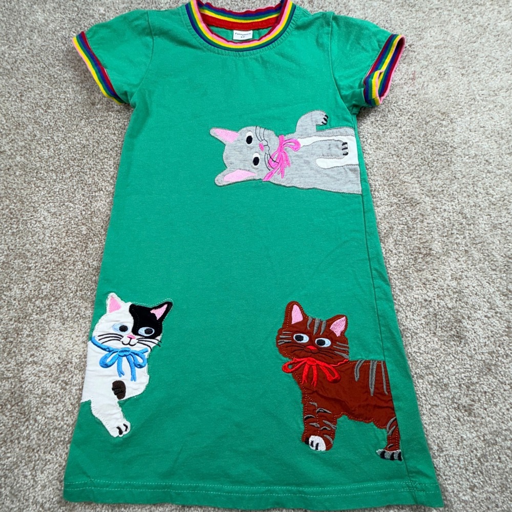 Funnymore mini Boden Like Cat Applique  Rainbow Trim Cotton Dress 5Y